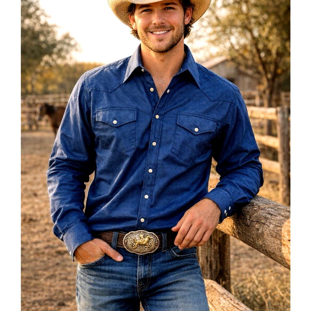 Corral West Ranchwear Western Snap Shirt Mens Large Blue Pearl Snap Cowboy